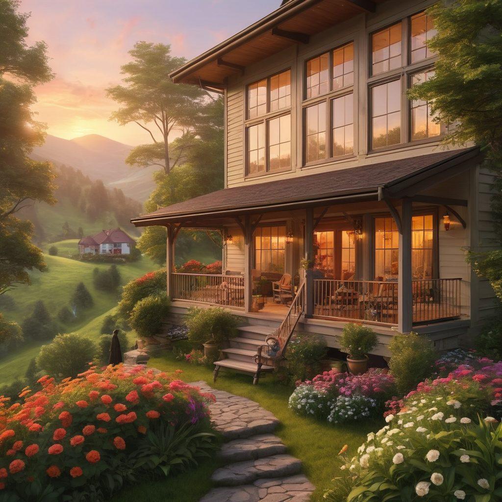 A serene inn nestled among lush green hills at sunset, with people relaxing on a cozy porch sipping tea, warm light glowing from the windows, trees swaying gently in the breeze, and colorful flowers in the foreground representing connection and tranquility. super-realistic. warm colors. tranquil atmosphere.