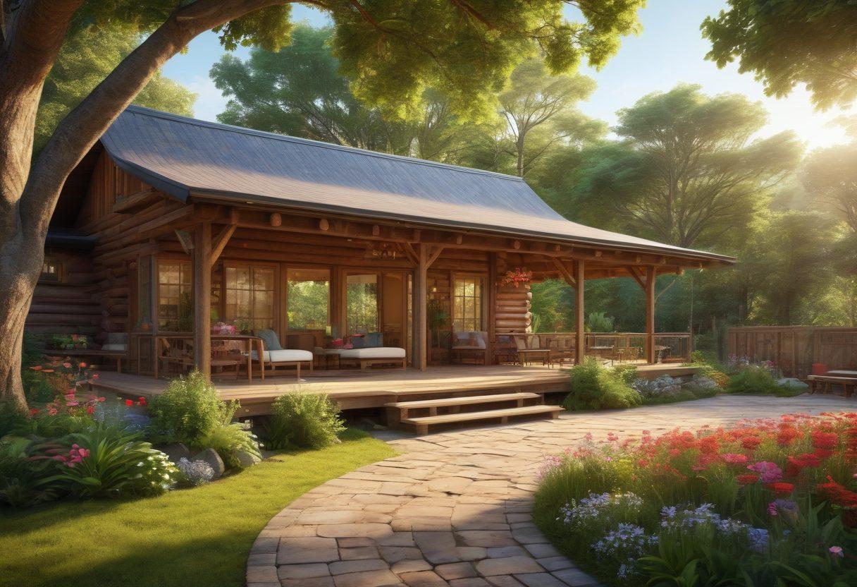A cozy, welcoming lodge nestled in a lush green forest, with warm sunlight filtering through trees. Guests enjoying activities such as outdoor yoga or sharing a meal on a rustic patio. Vibrant flowers and smiling faces capture the essence of hospitality and joy. A friendly host waves from the entrance. super-realistic. vibrant colors. 3D.