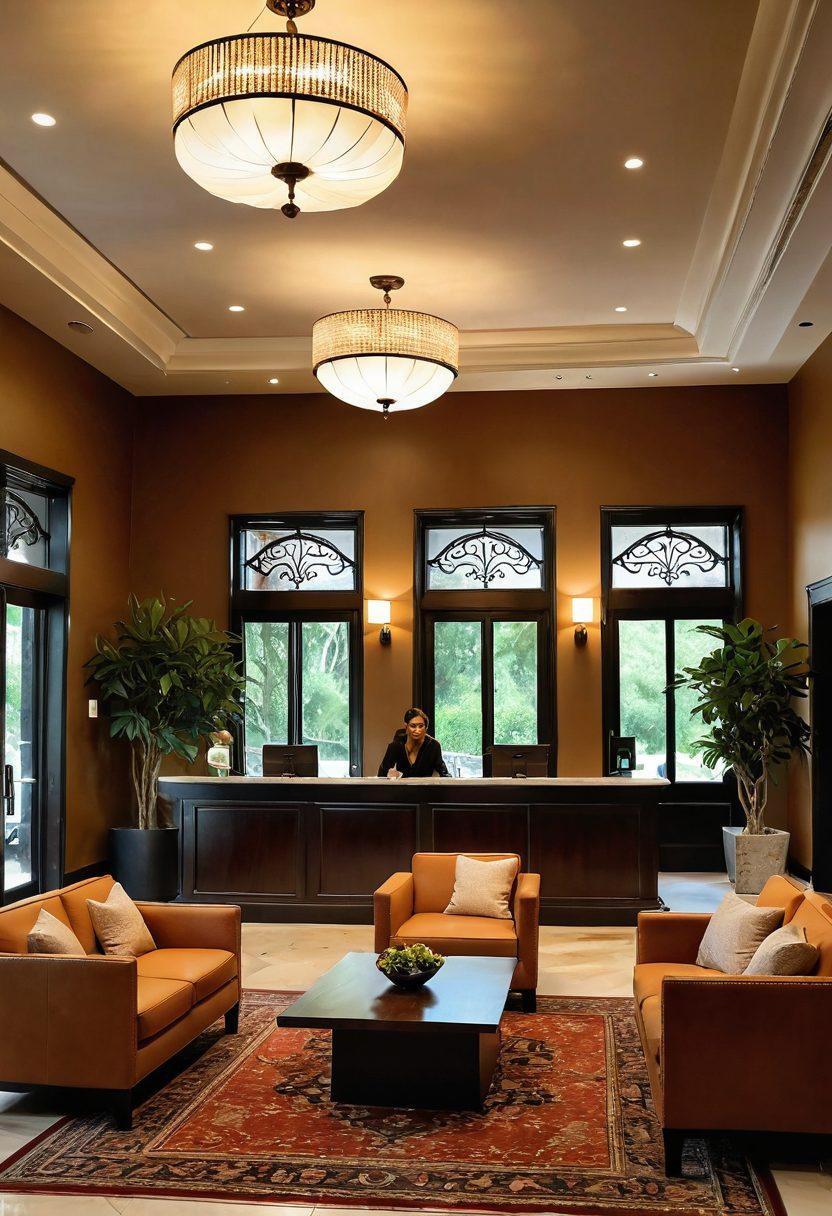 A cozy hotel lobby with a warm and inviting atmosphere, featuring a welcoming front desk with a friendly staff member. Guests are seen sharing laughter and stories in comfortable seating areas, surrounded by elegant decor and soft lighting. In the background, a glimpse of a peaceful garden can be seen through large windows, symbolizing lasting memories. Emphasize the feelings of comfort and joy. super-realistic. warm colors. vibrant ambiance.